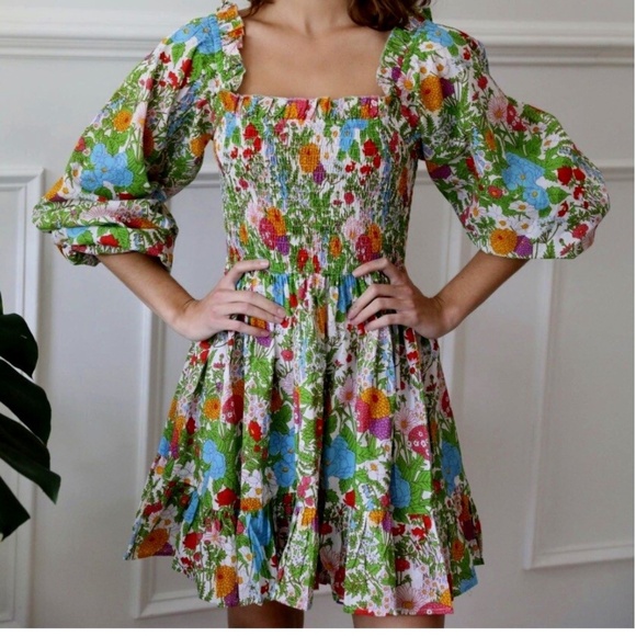 NEW Mille Calista Mini Dress in Summer Garden Smocked Floral Dress - size large - Picture 2 of 8